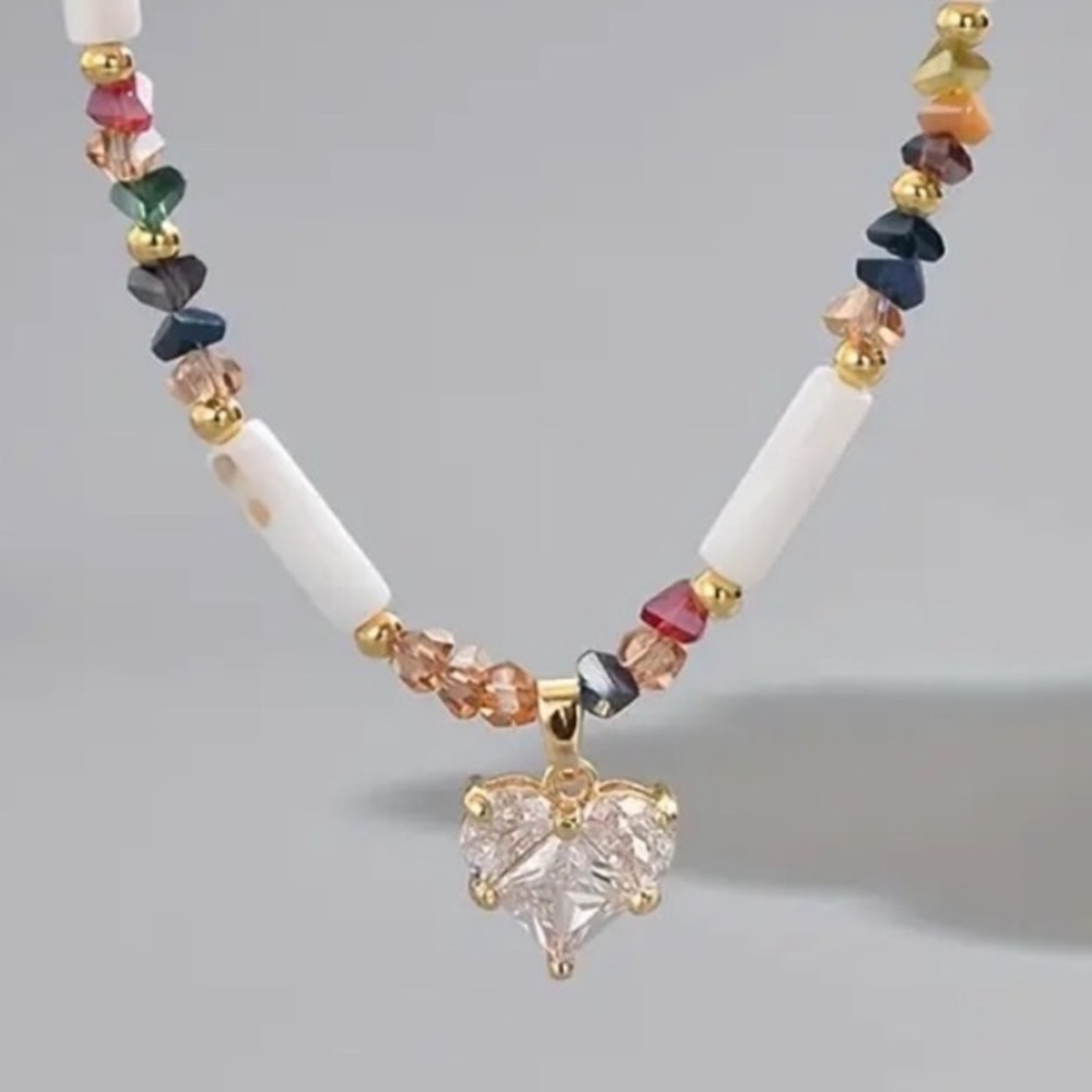 Vibrant Layered Beaded Chain with Heart Pendant Necklace
